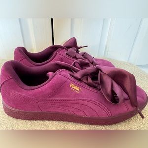 Purple Satin-Ribboned Suede Pumas